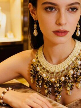 Rich Vanilla, Hand Designed Crystal Necklace With Matching Earrings & Bracelet